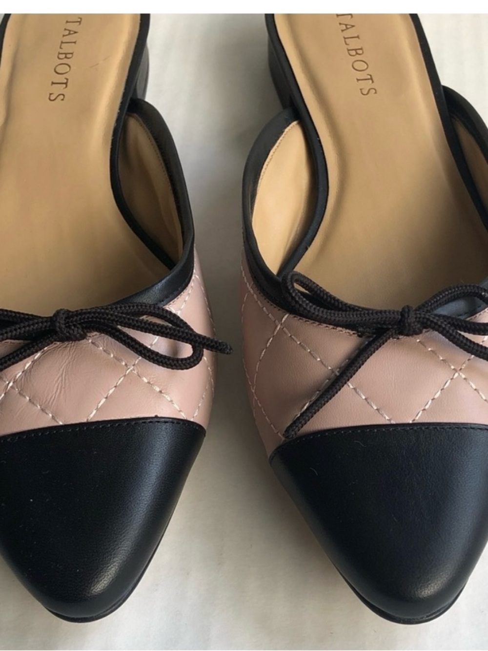 Talbots Quilted Beige and Black Bow  Mules